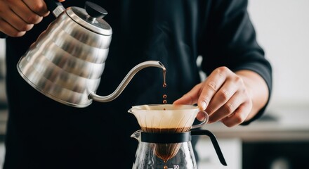 Close-up of coffee brewing with pour-over method by male hands