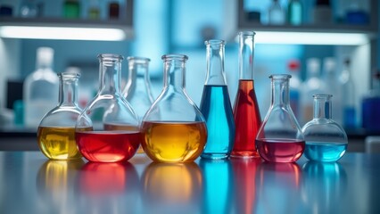 Laboratory glassware with colorful liquids on a workbench, indoors