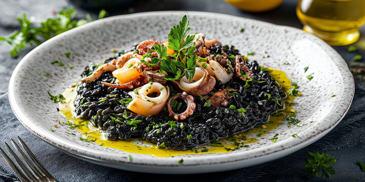 Authentic Risotto al Nero di Seppia, creamy black squid ink risotto with tender calamari, served on elegant white ceramic plate, garnished with fresh parsley and a drizzle of olive oil