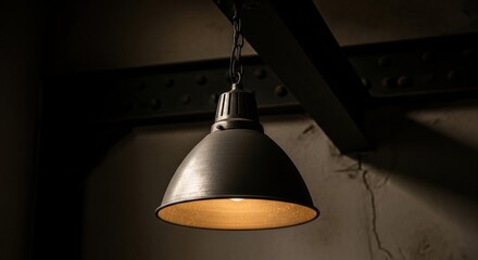 Vintage industrial pendant light hanging in dimly lit room with exposed beam