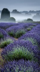 Foggy morning view of lavender fields in bloom; rows of purple flowers stretch towards distant trees shrouded in mist, creating a tranquil scene