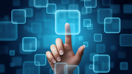 Hand touching glowing blue digital interface with futuristic touchscreen technology