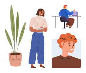 Woman holding a notebook, distant man working on laptop, large potted plant, smiling person portrait. Ideal for teamwork, remote work, diversity, office creativity collaboration freelance. A