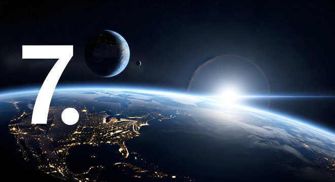 Number Seven Above Earth with Sunrise, Other Planets, and City Lights at Night