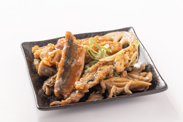 さんまと舞茸の甘辛梅だれ