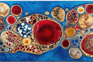 Abstract painting of swirling, colorful, organic shapes on a deep blue background