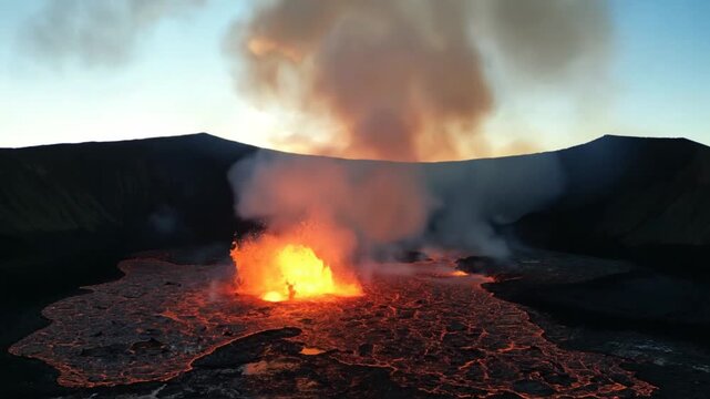 Fiery volcanic eruption spews smoke and lava into the twilight sky, showcasing the raw power of nature during an active geological event