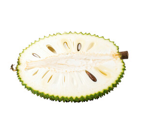 Half of a jackfruit, cut open, revealing its inner flesh and seeds