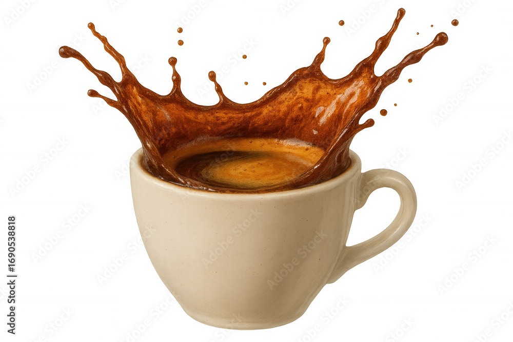 Poster coffee is splashing from a beige cup on a transparent background, creating a dynamic crown shape