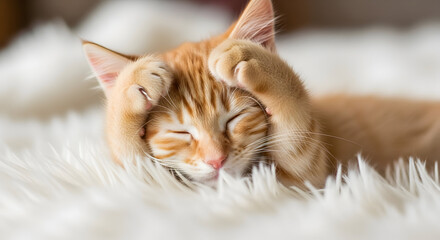 Adorable orange tabby kitten sleeping peacefully on a fluffy white blanket covering eyes