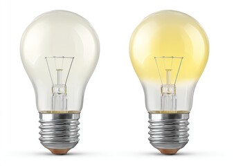Two lightbulbs one unlit, clear glass, the other glowing yellow with a visible filament, both upright on a white background, showing concept or comparison