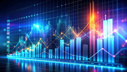 Vibrant digital chart with glowing trend lines and futuristic 3D bars symbolizing business growth