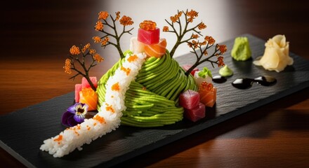 Artistically arranged sushi presentation featuring avocado, tuna, salmon, and rice, resembling a miniature landscape.