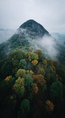 A tall, tree-covered peak rises amidst clouds on a cloudy day. The foliage shows autumnal hues in a misty valley setting