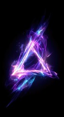 Abstract radiant triangle surrounded by ethereal glowing wisps of purple and blue light, against a stark black background