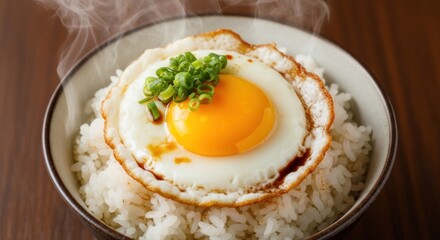A bowl of steaming white rice topped with a fried egg and green onions.