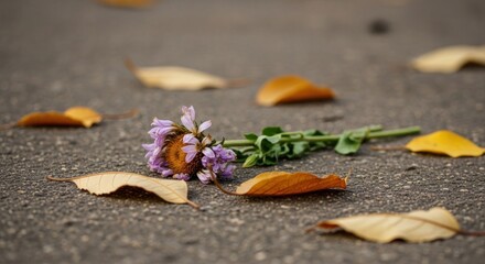 A single purple flower and fallen leaves rest on a textured asphalt surface.