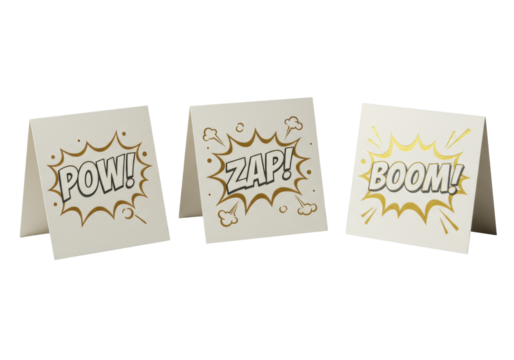 Three off-white die-cut stationery cards ('POW!', 'ZAP!', 'BOOM!') with metallic foil and comic shapes in a row on transparent, 45-degree studio shot, high-end comic stationery concept - Powered by Adobe