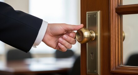 A person's hand, in a suit, opening a wooden door with brass hardware, revealing a blurred interior.