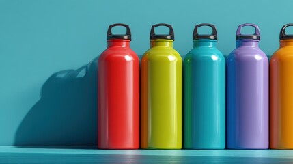 Colorful water bottles in a row against a teal background