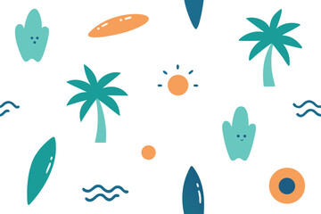 Vector surf seamless pattern illustration Hand-drawn coastal and beach elements.