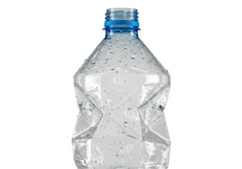 A transparent, crumpled plastic water bottle with vibrant blue ring and dew-like droplets, isolated on pure transparent background, bright soft studio light, concept of sleek purity and functional