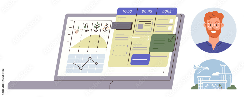Poster laptop displaying analytics charts and a kanban board for task management. male profile and airport 