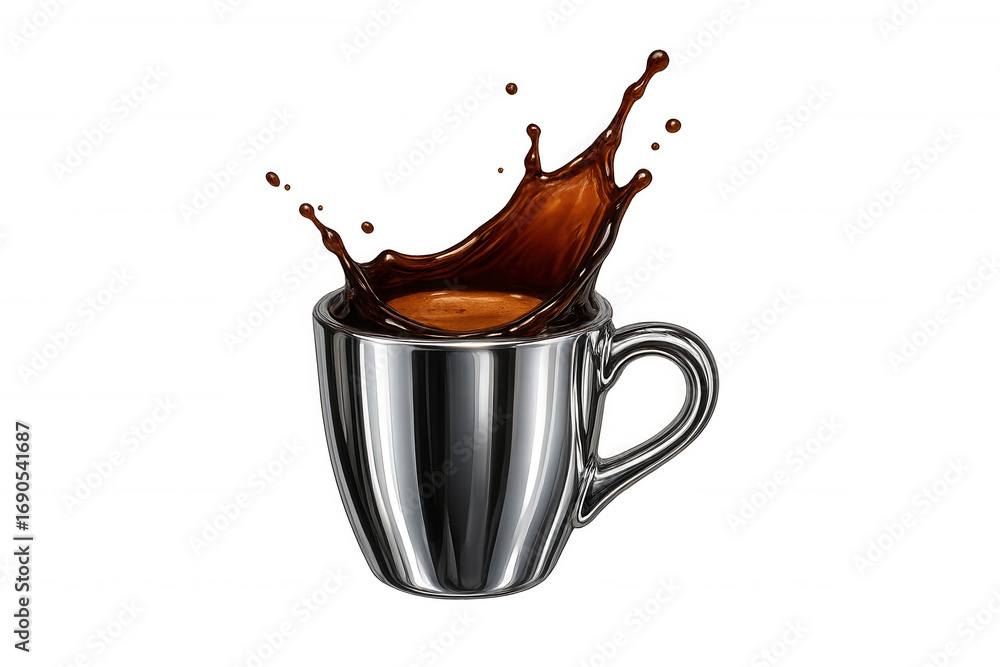 Poster coffee is splashing from a shiny metal cup on a transparent background, perfect for adding a touch o
