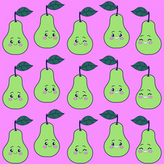 Groovy seamless pattern with pear. Hand drawn retro style pattern.