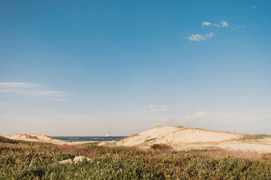 View across dunes of cargo ship leaving Newcastle