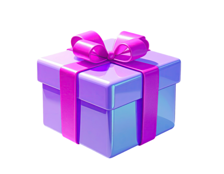 A vibrant purple gift box with a pink ribbon