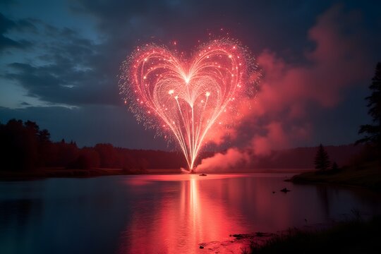 Heart-shaped fireworks exploding above a quiet lake.
