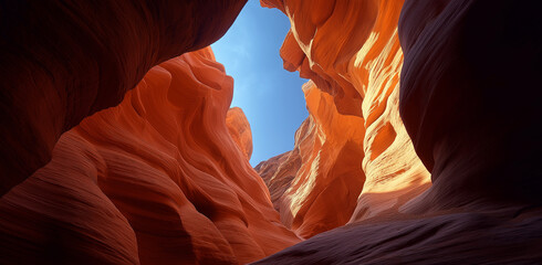 A wide-angle photo of the interior of Antelope Canyon, with a blue sky and warm sunlight shining through the sandstone rock formations