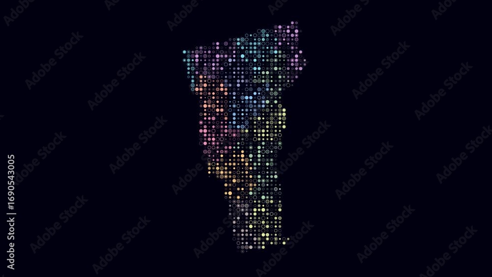 Poster vermont animation. shape of the state with pulsating colored dots. small size circle blocks. digital
