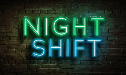 Obraz premium Vibrant Neon Night Shift Sign Illuminated on Brick Wall, Dark Atmosphere.