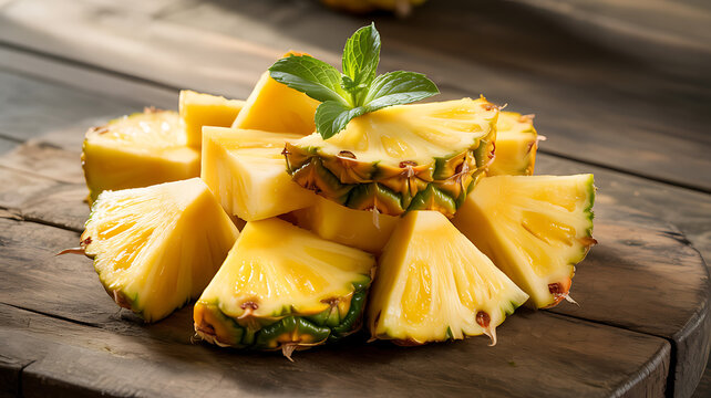 Freshly sliced vibrant tropical pineapple pieces stacked on rustic wooden surface close up