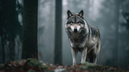 Majestic wolf in a misty forest