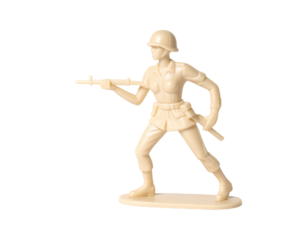 Beige plastic toy soldier figure, posed in a dynamic stance, holding a rifle