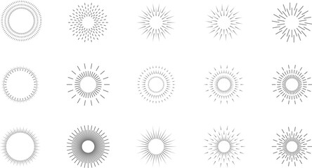 Line firecrackers. Colorful radial firework linear sun icons, circular fireworks starburst explosion with sparkles. Decoration, celebration design. Vintage sunburst set. Bursting rays. Simple vector