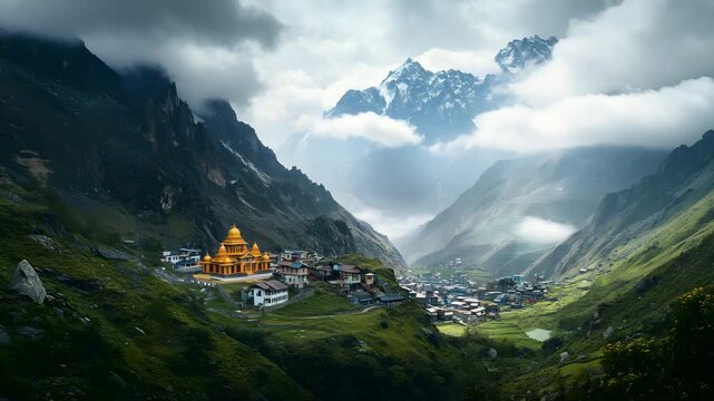 Panoramic shot of Badrinath Temple surrounded by Himalayas 