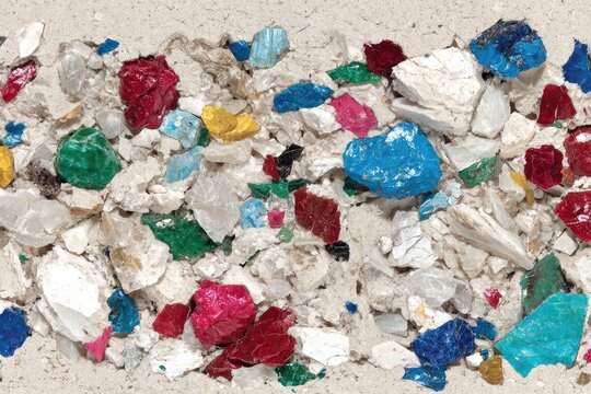 Recycled plastic aggregate, various colors, embedded in a light beige surface - Powered by Adobe