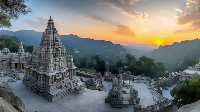 Panoramic capture of Mount Abu&rsquo;s Dilwara Temples complex