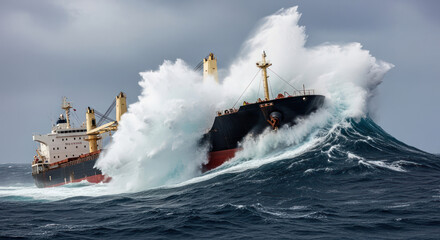 Bulk Carrier Ship Battling Gigantic Waves in a Violent Ocean Storm