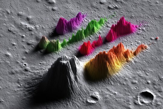 Colorful alien mountains on a gray, cratered surface