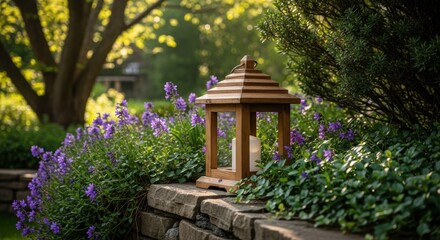 Wooden lantern on stone wall amidst lush garden with purple flowers and greenery