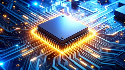 Futuristic circuit board animation with glowing chip, data flow and technology connection - Powered by Adobe