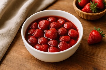 Delightful Fresh Strawberries Soaking in Sweet Syrup, Perfect for Desserts or Snacking on a Rustic Wooden Table
