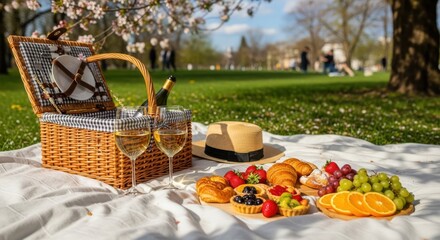 Enjoying a beautiful spring picnic in the park with delicious food and wine