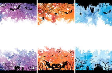 Halloween posters. A cat, flying birds, spider web and grave silhouettes. Vector isolated decoration elements for halloween design.