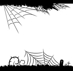 Halloween black borders. A castle, flying birds, spider web and grave silhouettes. Vector isolated decoration elements for halloween design.